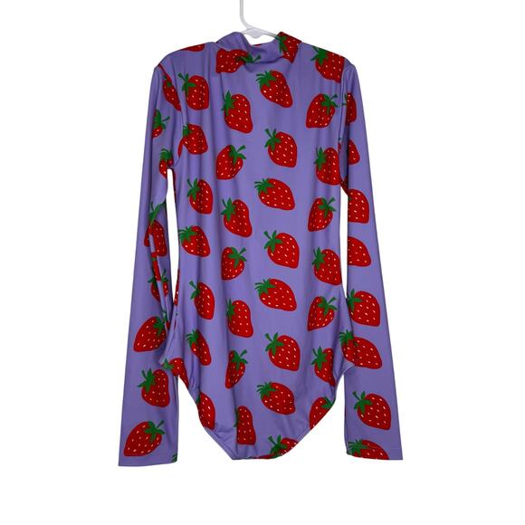 NWT Mini Boden Girls 13/14 Rashguard Swimsuit Strawberry Purple Bathing Suit - Picture 3 of 3